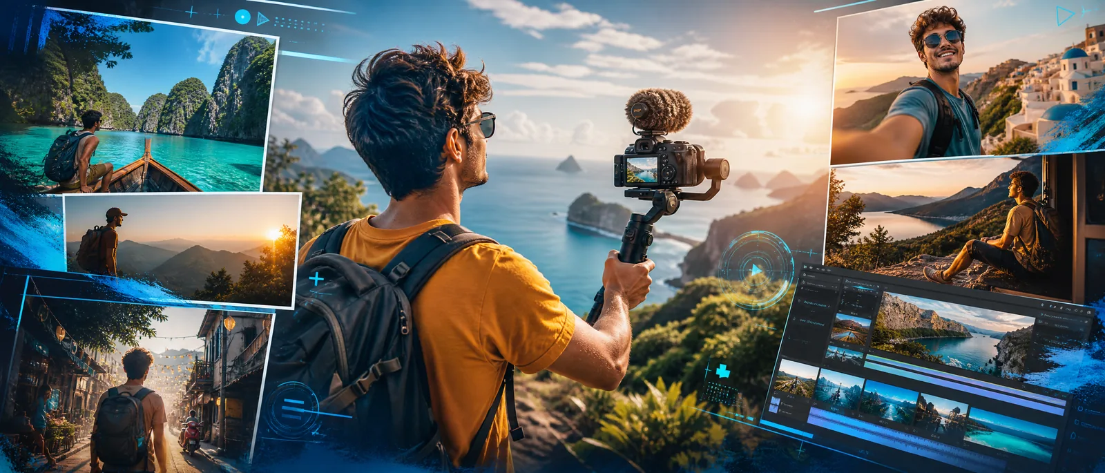 旅拍 Vlog 剪辑专题头图，创作者在海岸取景
